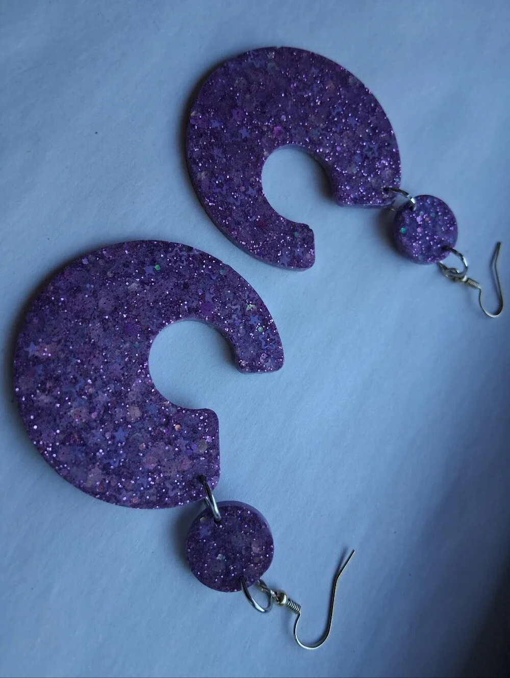 Hand Crafted Purple Glitter Crescent Drop Earrings - Jewelry By Vinnie